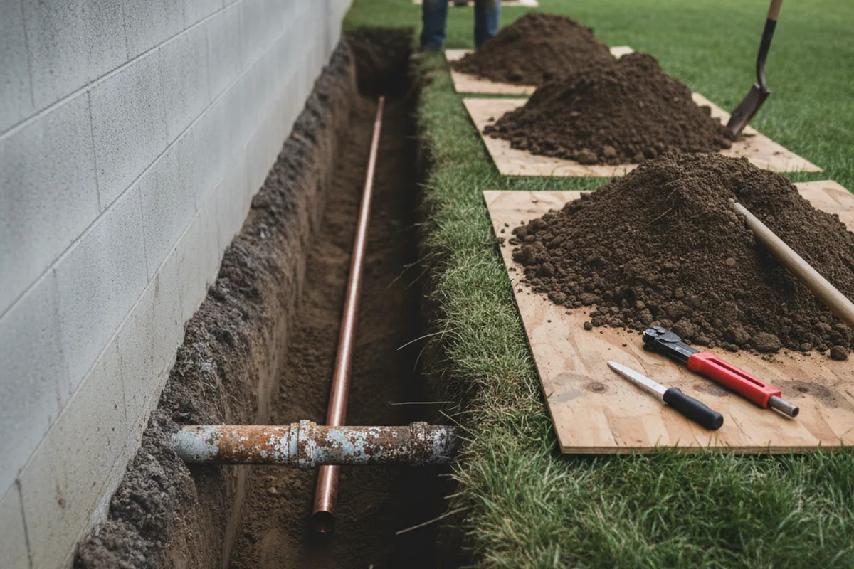 Excavated water line trench during Water Heater Repair in Kenna